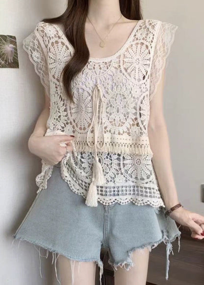 Apricot O-neck Tassel Lace Tank Summer