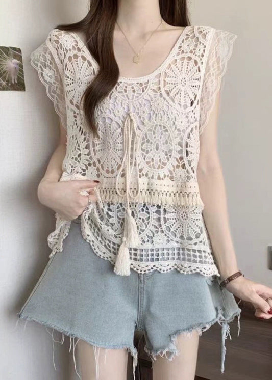 Apricot O-neck Tassel Lace Tank Summer