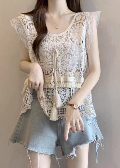 Apricot O-neck Tassel Lace Tank Summer