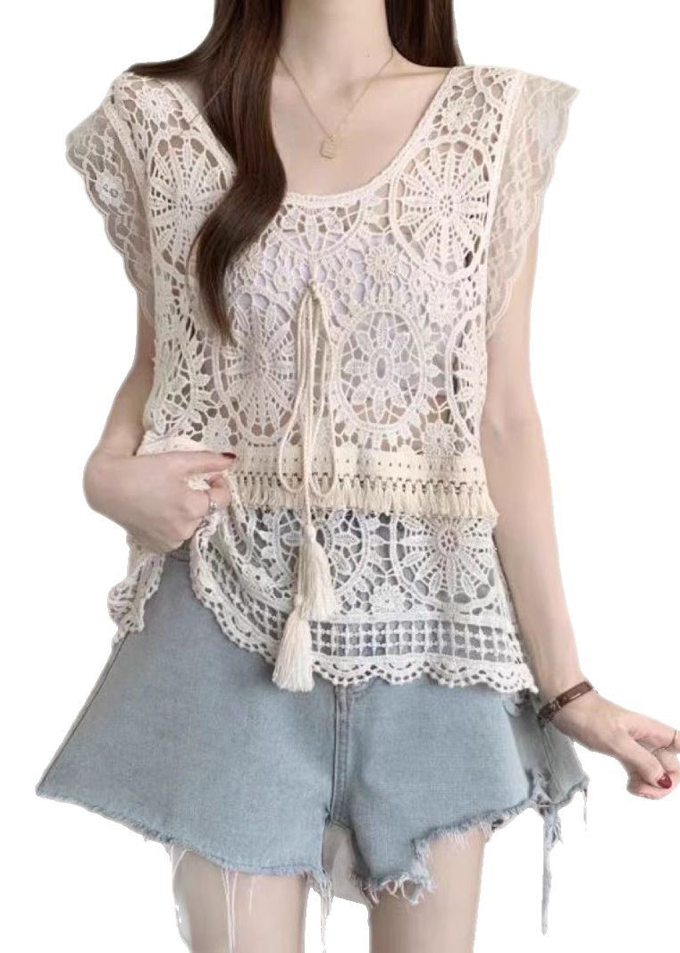 Apricot O-neck Tassel Lace Tank Summer