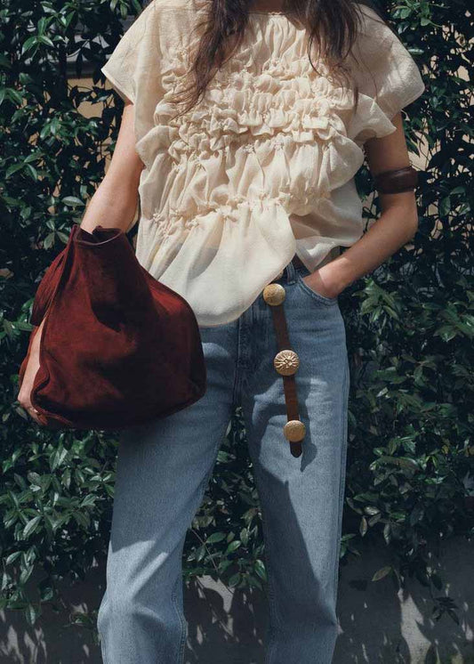 Apricot O-neck Wrinkled Chiffon Top Summer