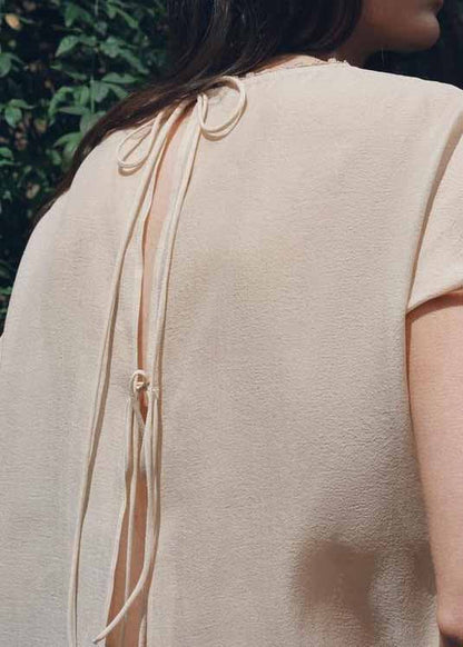 Apricot O-neck Wrinkled Chiffon Top Summer