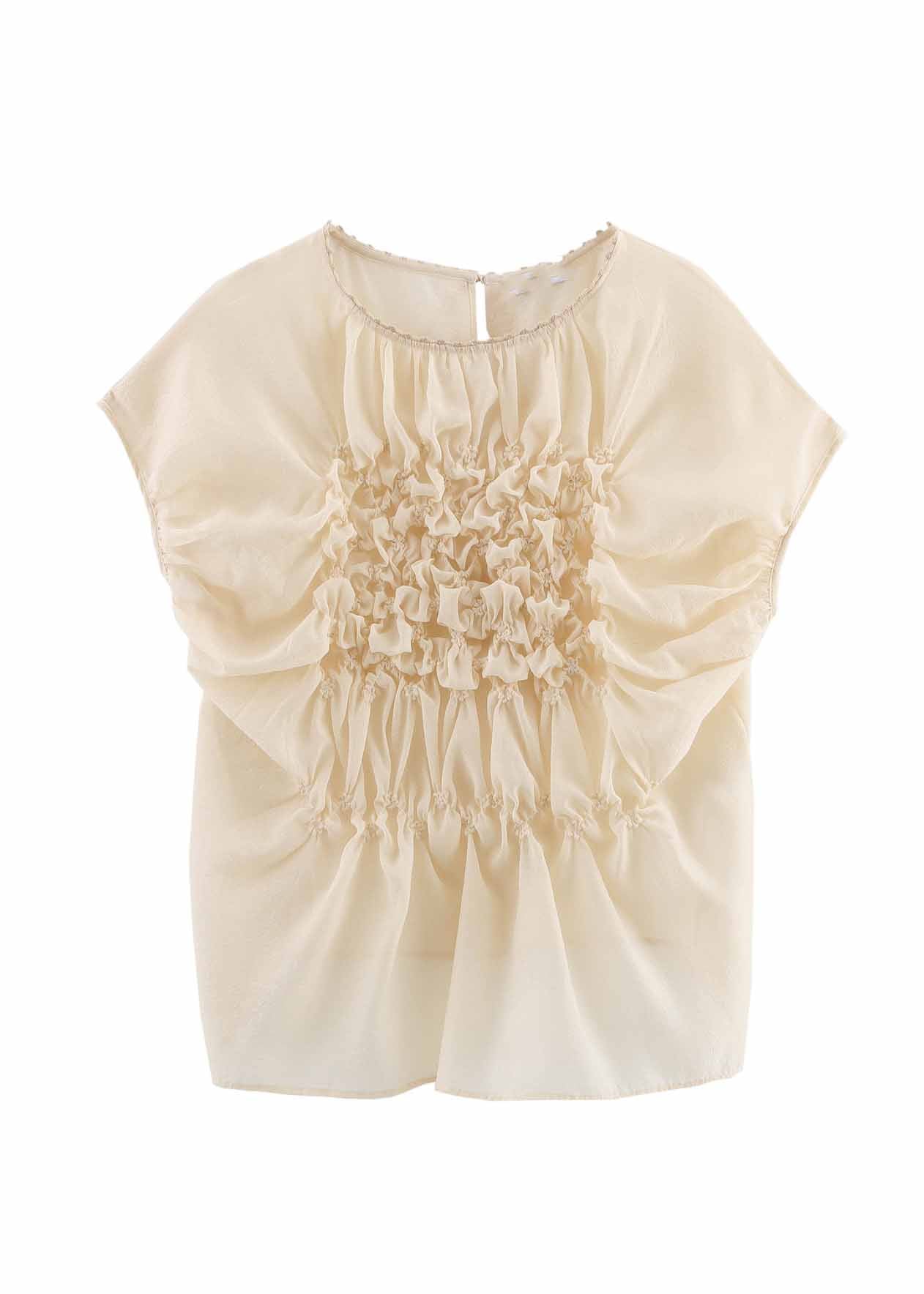 Apricot O-neck Wrinkled Chiffon Top Summer