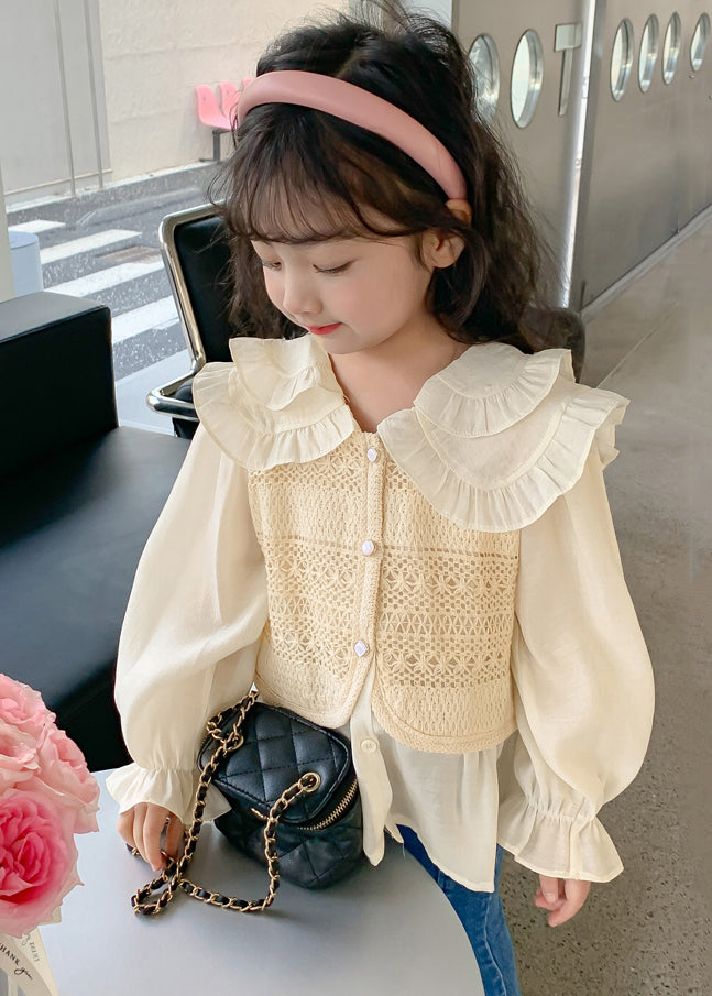 Apricot Peter Pan Collar False Two Pieces Cotton Knit Shirt Spring