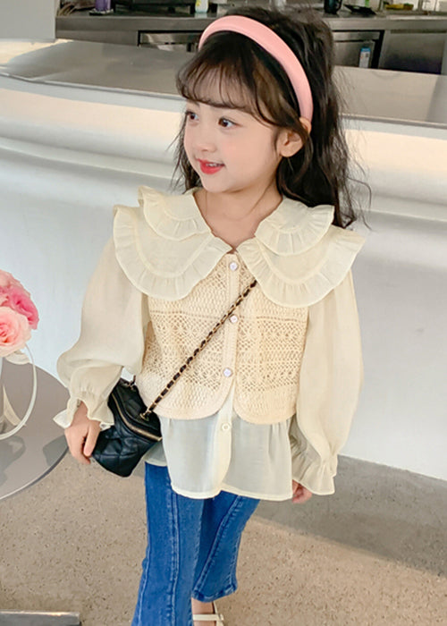 Apricot Peter Pan Collar False Two Pieces Cotton Knit Shirt Spring