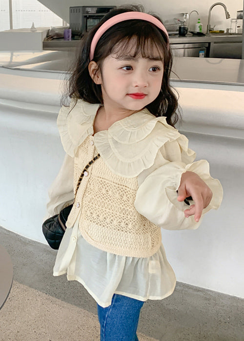 Apricot Peter Pan Collar False Two Pieces Cotton Knit Shirt Spring