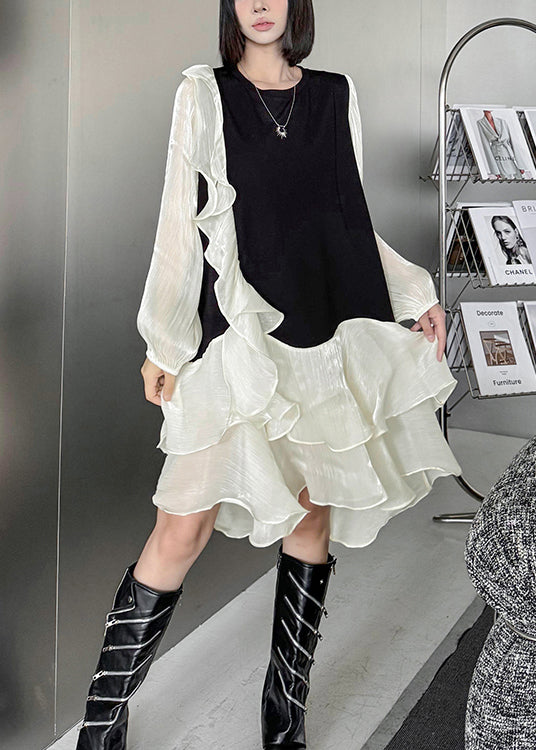 Apricot Ruffled Organza Patchwork Cotton Dress Fall