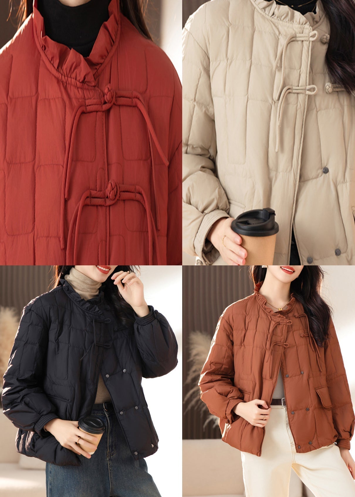 Apricot Ruffled Tasseled Pockets Fine Cotton Filled Jackets Winter