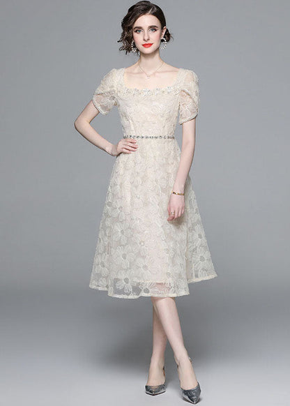 Apricot Square Collar Zircon Embroideried Tulle Dresses Summer