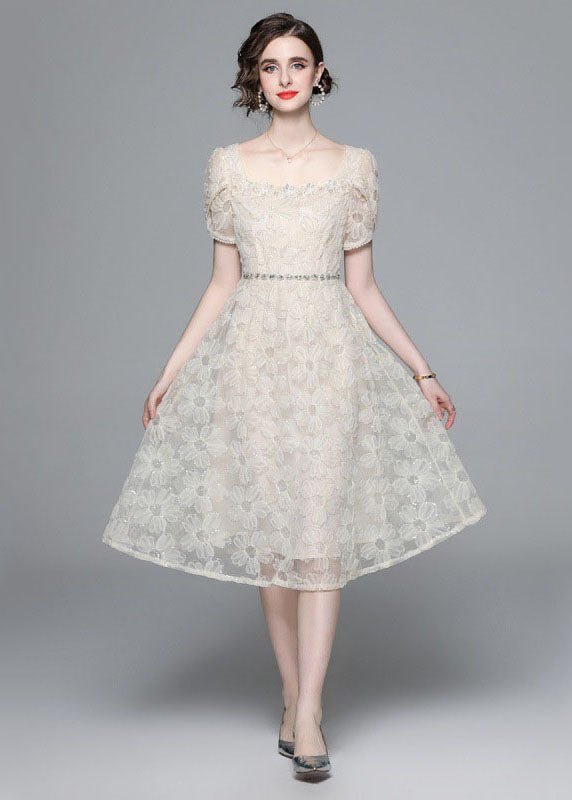 Apricot Square Collar Zircon Embroideried Tulle Dresses Summer