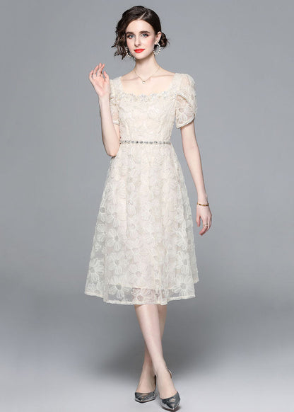 Apricot Square Collar Zircon Embroideried Tulle Dresses Summer