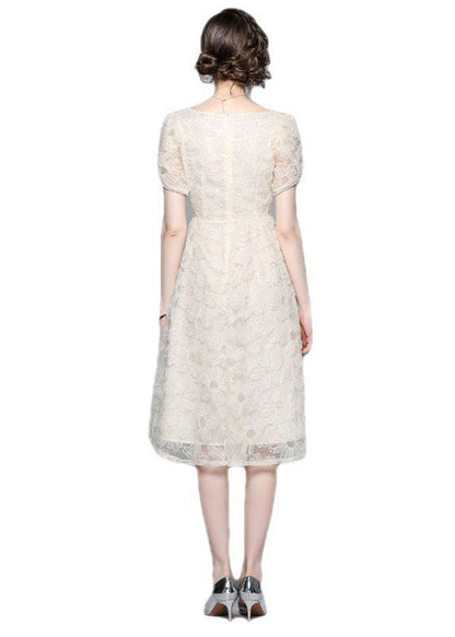Apricot Square Collar Zircon Embroideried Tulle Dresses Summer