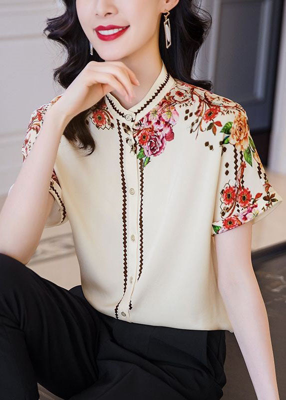 Apricot Stand Collar Print Patchwork Silk Top Summer