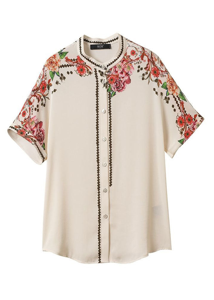 Apricot Stand Collar Print Patchwork Silk Top Summer