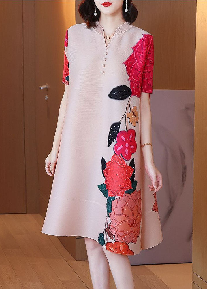 Apricot Stand Collar Wrinkled Print Silk a Line Dress Short Sleeve