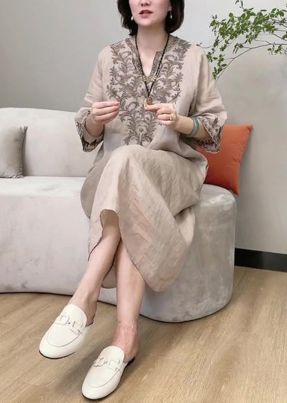 Apricot V Neck Embroideried Linen Long Dress Long Sleeve