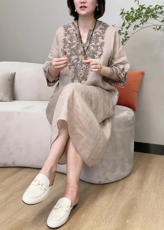 Apricot V Neck Embroideried Linen Long Dress Long Sleeve