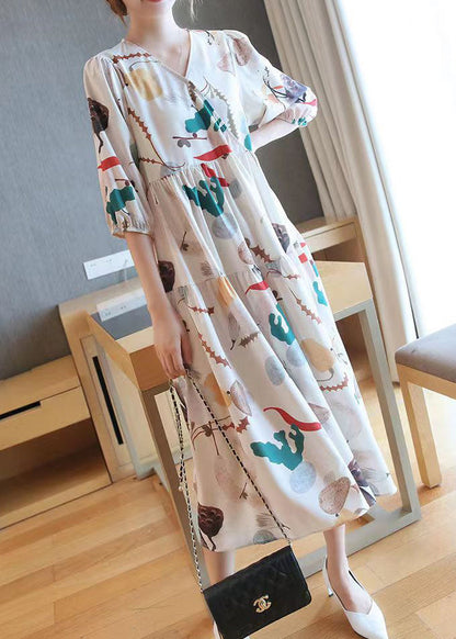 Apricot V Neck Print Cotton Long Dress Half Sleeve
