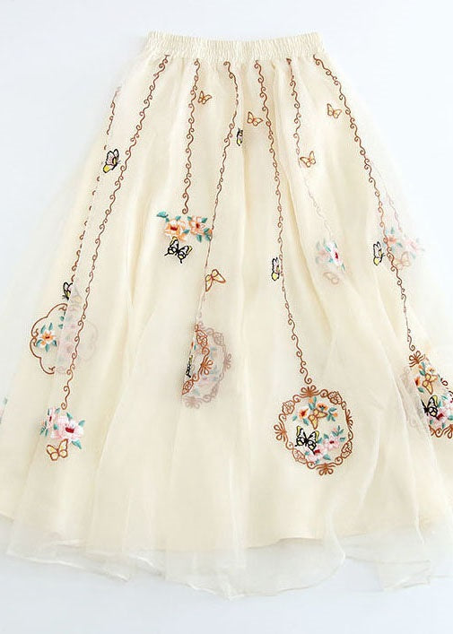 Apricot Wrinkled Embroideried Tulle Skirt Summer