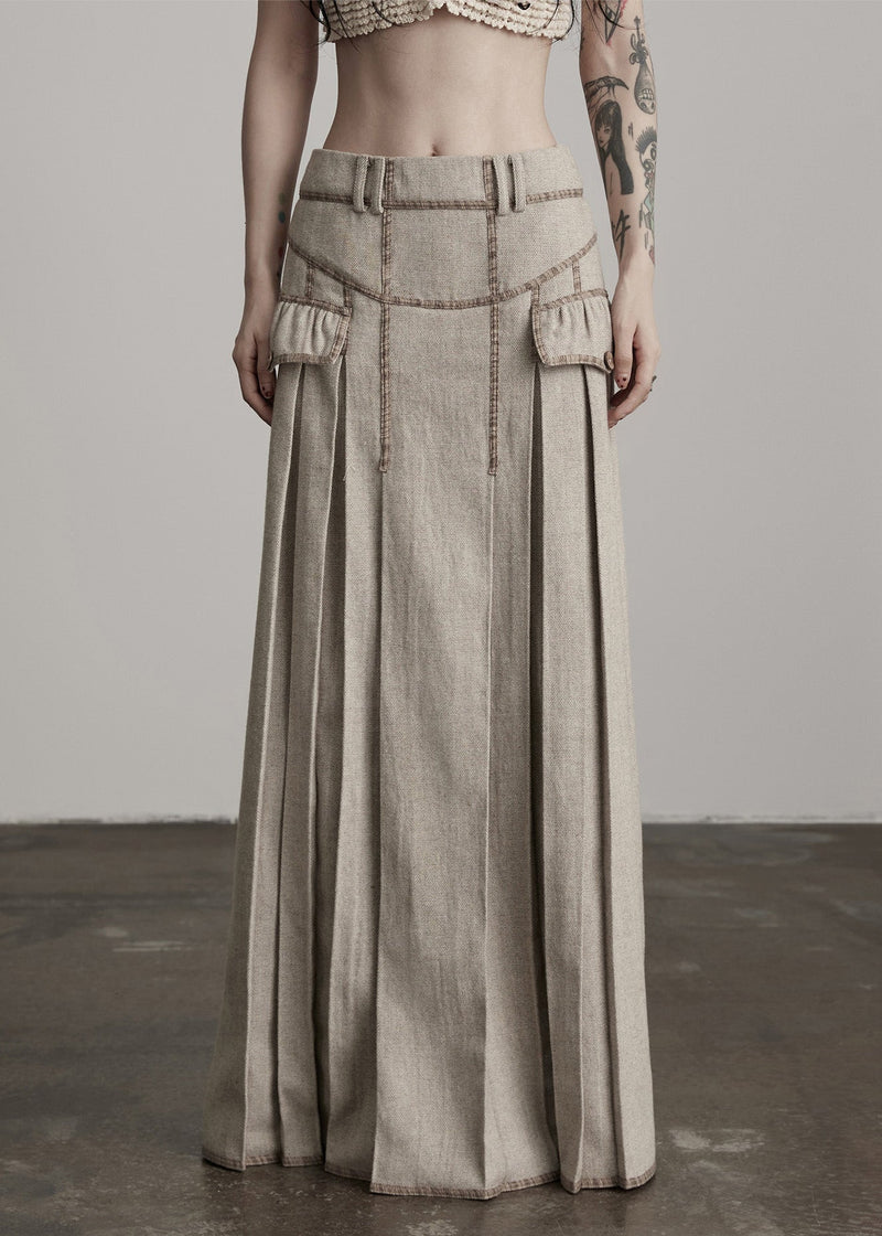 Apricot Wrinkled High Waist Patchwork Woolen Skirts Winter