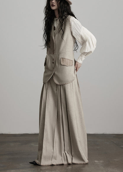 Apricot Wrinkled High Waist Patchwork Woolen Skirts Winter