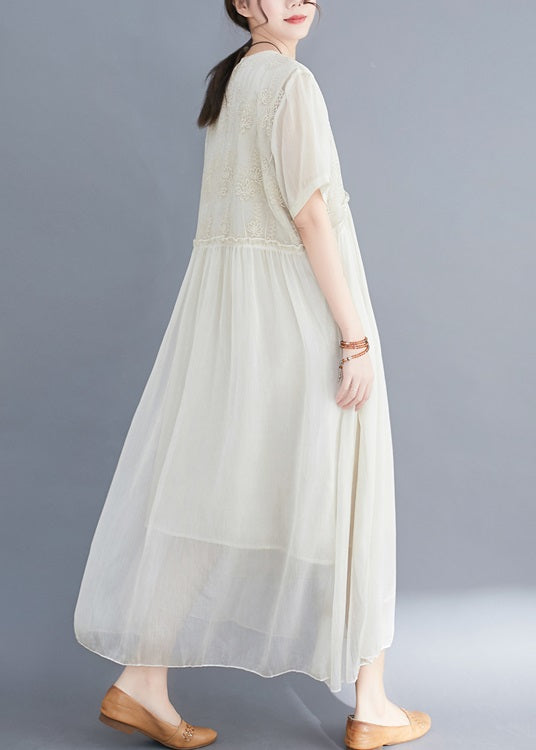 Apricot Asymmetrical Design Silk Dresses Short Sleeve