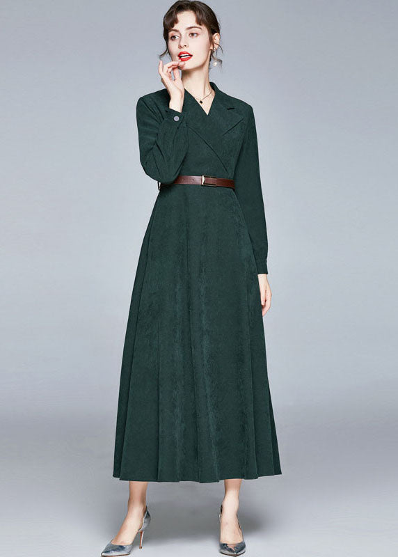 Army Green Notched Sashes Patchwork Corduroy Long Dresses Fall