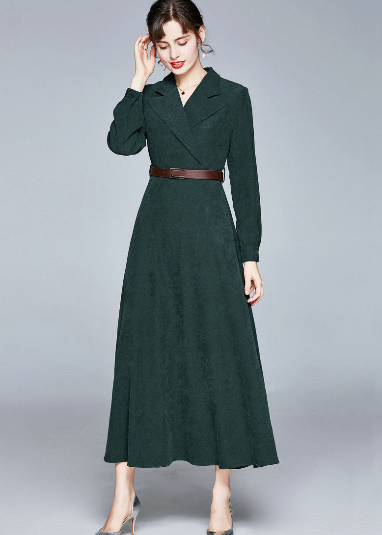 Army Green Notched Sashes Patchwork Corduroy Long Dresses Fall