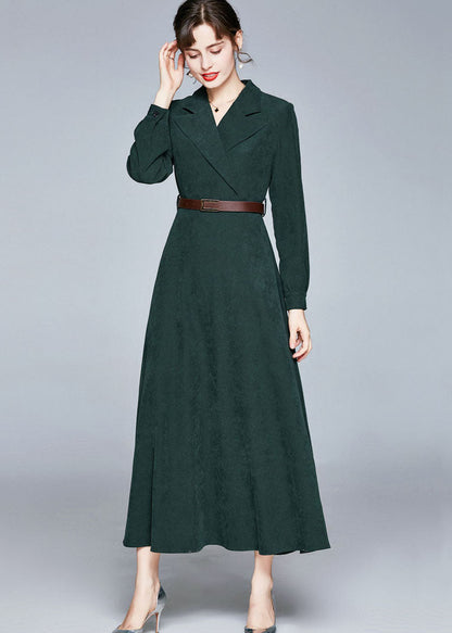 Army Green Notched Sashes Patchwork Corduroy Long Dresses Fall