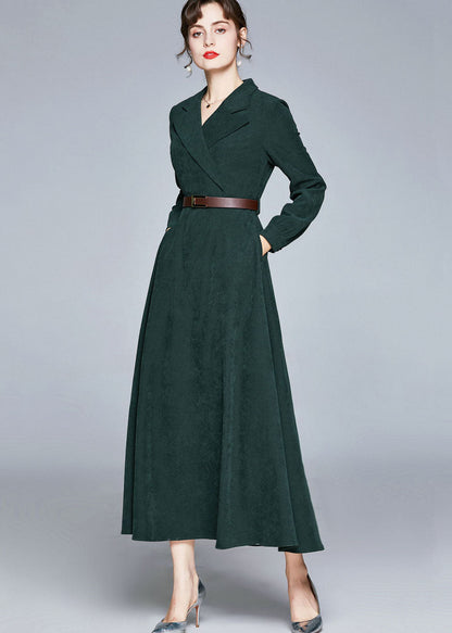 Army Green Notched Sashes Patchwork Corduroy Long Dresses Fall