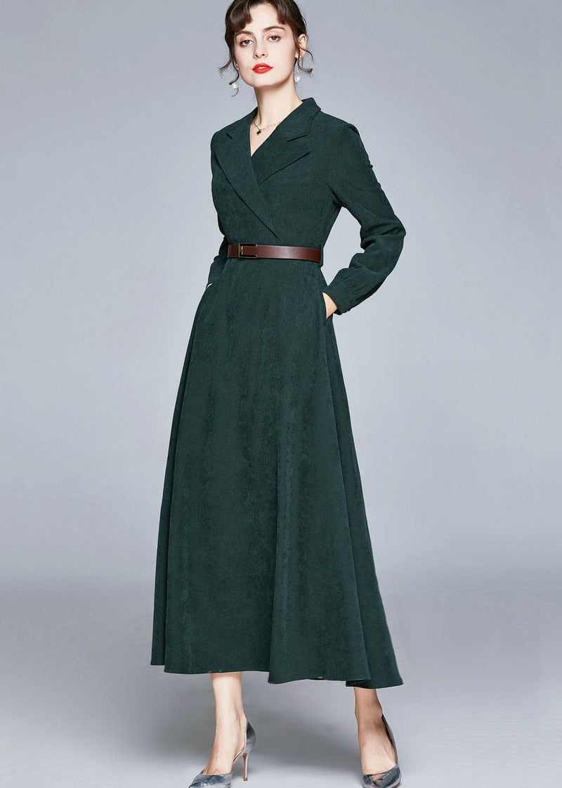 Army Green Notched Sashes Patchwork Corduroy Long Dresses Fall