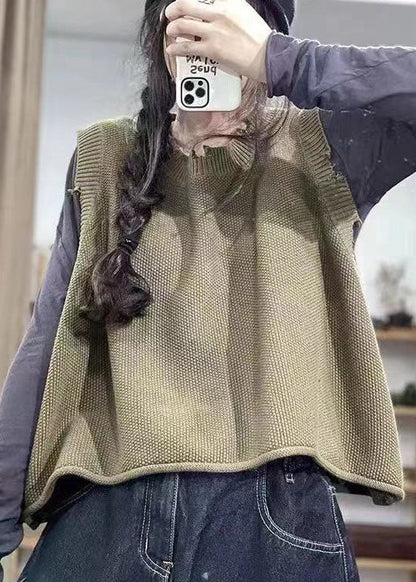 Army Green O-neck Hole Knit Vest Spring