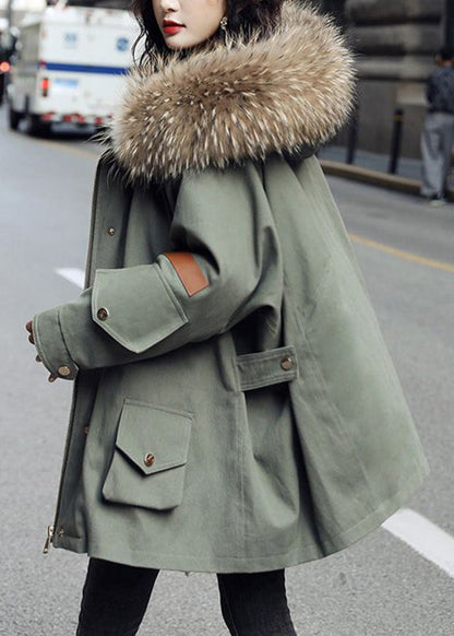 Army Green Zip Up Fur Collar Cotton Puffer Blend Parka Jacket Winter
