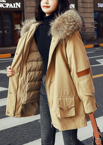 Army Green Zip Up Fur Collar Cotton Puffer Blend Parka Jacket Winter
