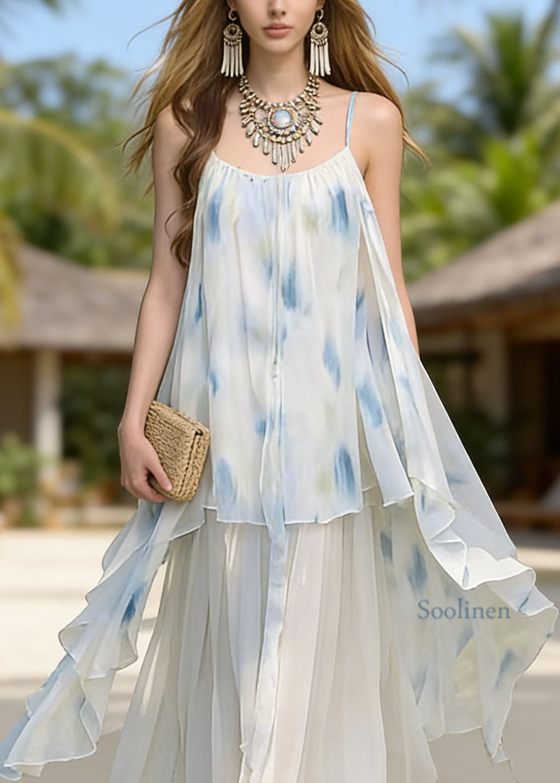 Asymmetrical Tie Dye Chiffon Spaghetti Strap Dress Summer