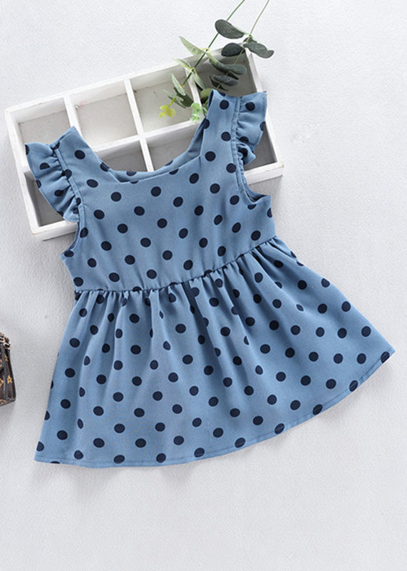 Baby Blue O-neck Dot Print Patchwork Vacation Long Dress Sleeveless