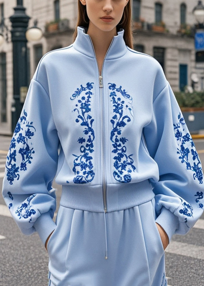 Baby Blue Print Cotton Jackets Stand Collar Fall