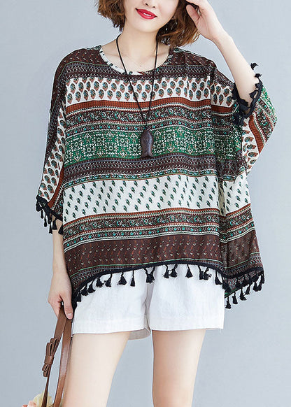 Bat Wing Sleeve O-neck Tasseled Patchwork Fall Blouse Top