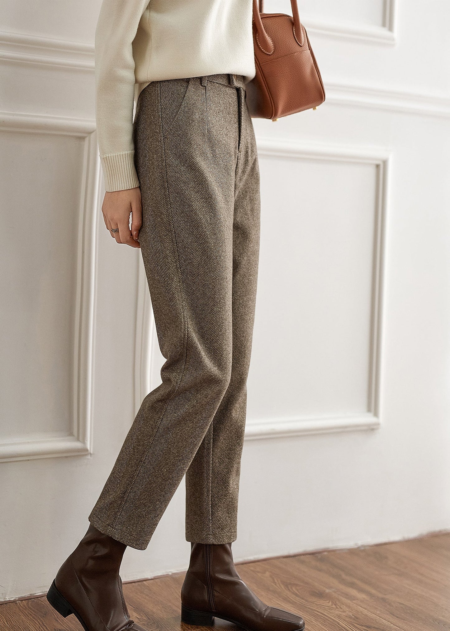 Beige Button Pockets Zippered Woolen Straight Pants Fall