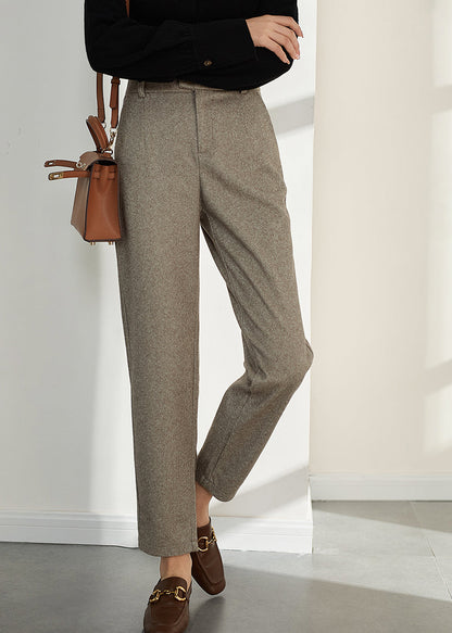 Beige Button Pockets Zippered Woolen Straight Pants Fall