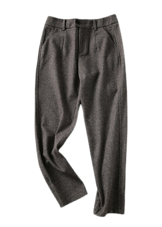 Beige Button Pockets Zippered Woolen Straight Pants Fall
