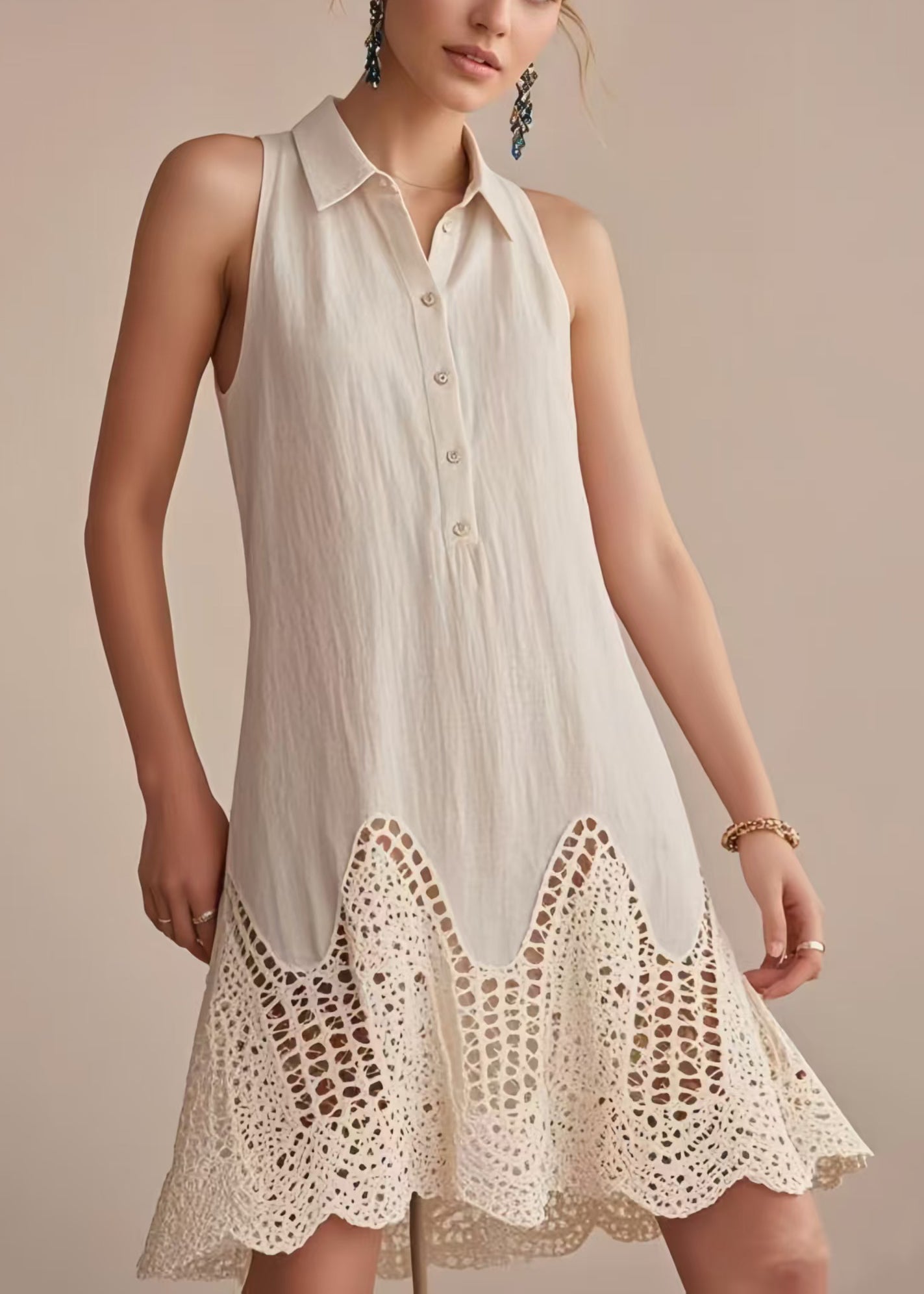 Beige Cold Shoulder Patchwork Lace Day Dress Sleeveless