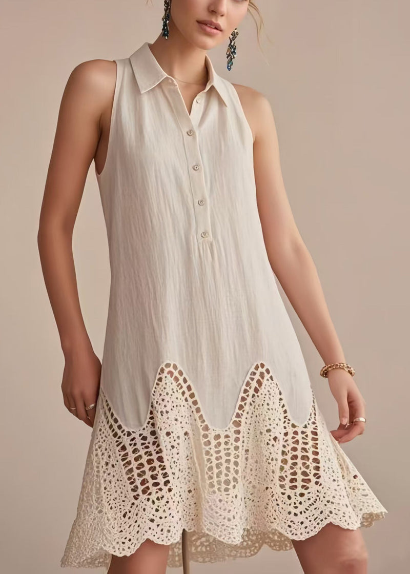 Beige Cold Shoulder Patchwork Lace Day Dress Sleeveless