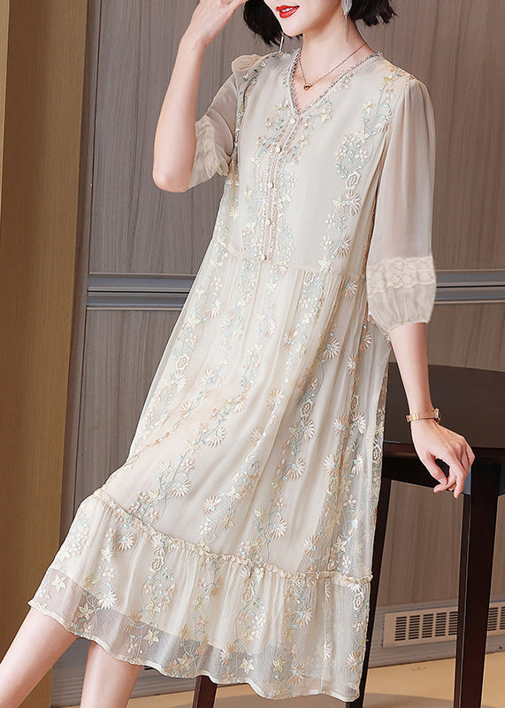 Beige Embroidered Lace Ruffled Silk Dresses Half Sleeve