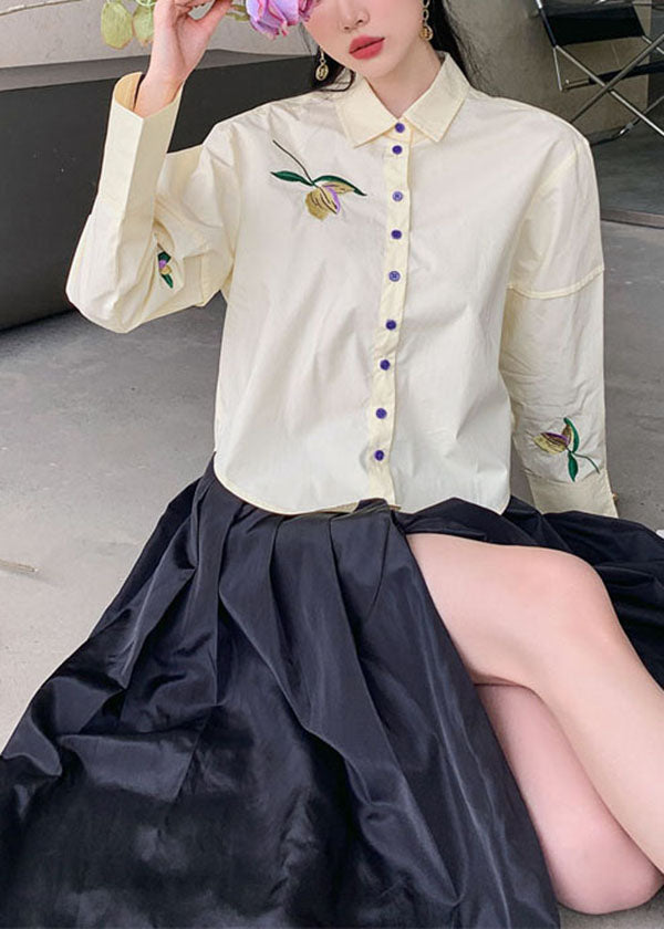 Beige Embroideried Patchwork Cotton Shirt Top Spring
