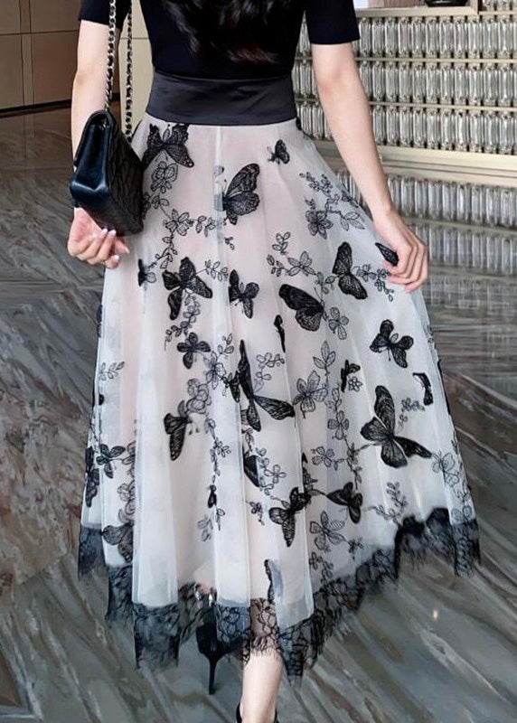 Beige Embroideried Tie Waist Tulle a Line Skirt Summer