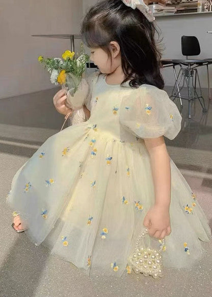 Beige Embroideried Wrinkled Patchwork Tulle Kids Dress Summer