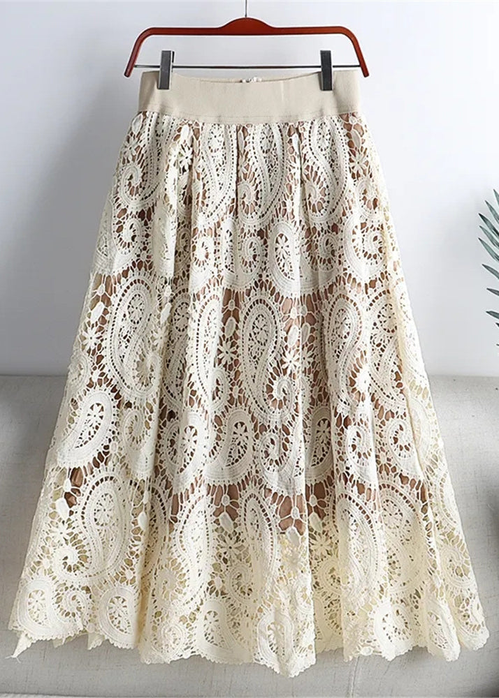 Beige Hollow Out Lace Skirts Summer