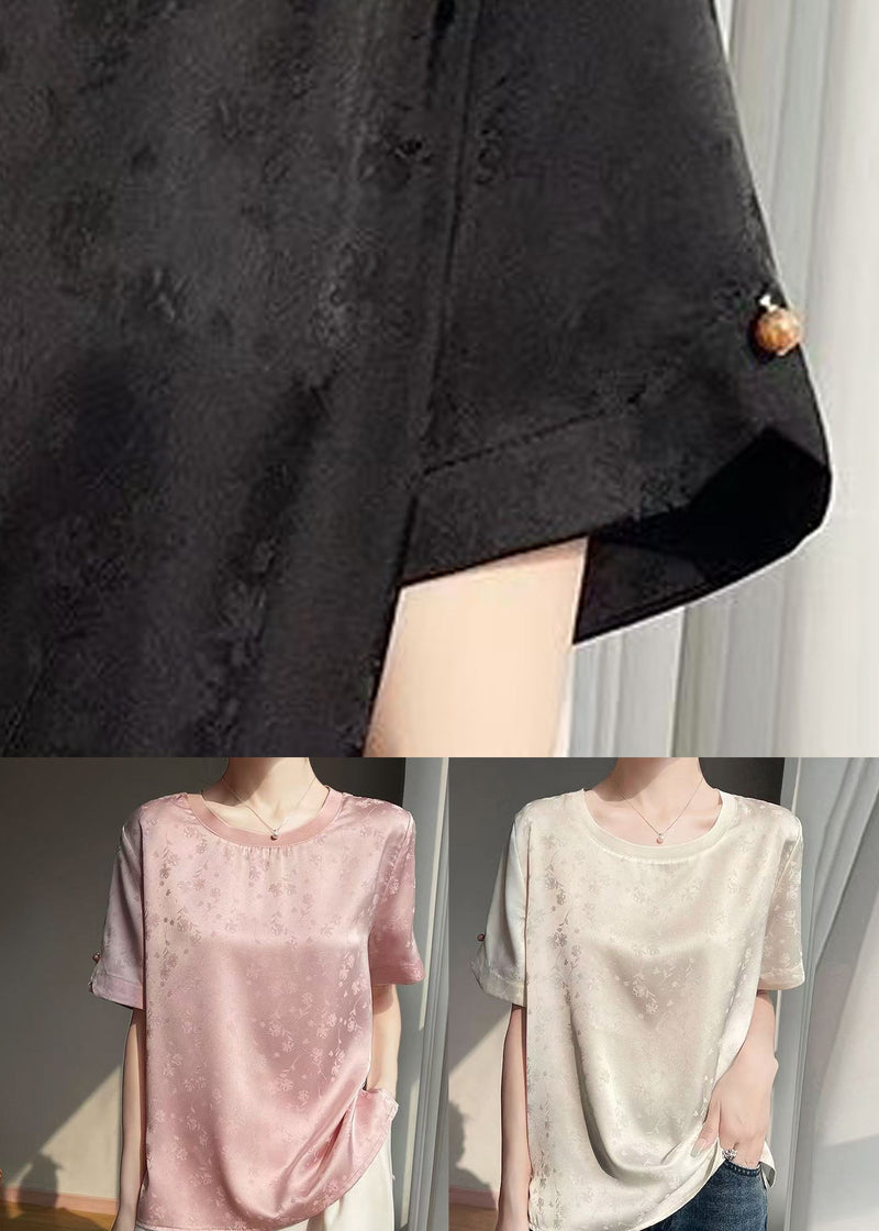 Beige Jacquard Original Design Silk Blouses Short Sleeve