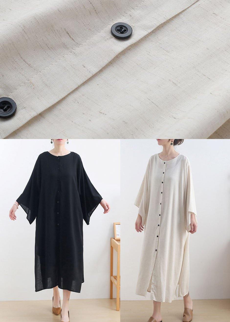 Beige O-neck Button Maxi Dresses Fall Cotton Dress